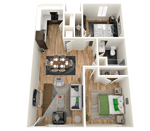 Floor plan for 2 beds, 1 bath, 940 sqft